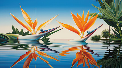 Fototapeta na wymiar Mirroring a bird of paradise flower and its reflection in a serene tropical lagoon AI generative