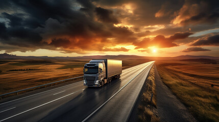 Truck driving on the asphalt road in rural landscape at sunset with dark clouds. wide panorama - obrazy, fototapety, plakaty