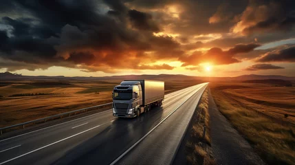 Foto op Canvas Truck driving on the asphalt road in rural landscape at sunset with dark clouds. wide panorama © Boraryn