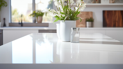 White countertop or kitchen island on a modern blurred bright kitchen interior in the background