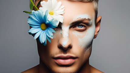 On a gray background, a well-groomed man with flawless fresh skin. Concept of skin care treatment, cosmetic procedures, spa center. - obrazy, fototapety, plakaty