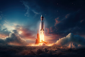 A rocket launching into space, embodying the ascent of groundbreaking ideas into unexplored realms. Concept of innovative exploration. Generative Ai.