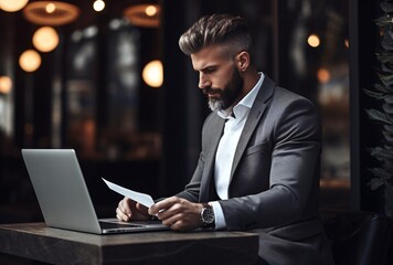 business man on laptop with paper, institution critique, stylish - obrazy, fototapety, plakaty