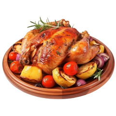 Roasted chicken on wooden plate isolated on transparent background, Grilled seasoned rotisserie chicken dish garnish menu, above, top view, cooking, recipe, holiday turkey. Generative AI