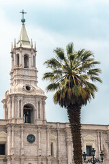 Tower of the Basilica Cathedral of Arequipa, Basílica Catedral in Spanish, located in the Plaza de Armas of the city of Arequipa, province of Arequipa, Peru.