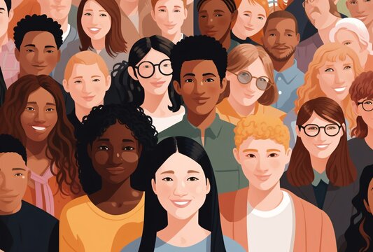 multicultural people in a crowd vector illustration ilustraÃ§o, earthy color palettes, colorful animation stills, white background