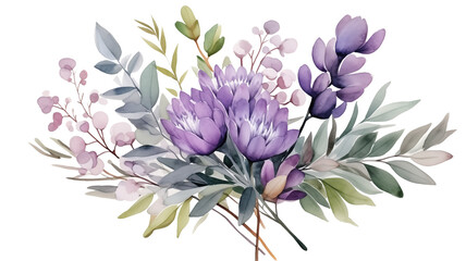 Watercolor eucalyptus leaves and lavender flower bouquet, isolated bunch of flowers for decoration on transparent. Generative AI