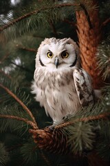 owl sitting in a pine tree, white and beige, urban fairy tale, northern renaissance