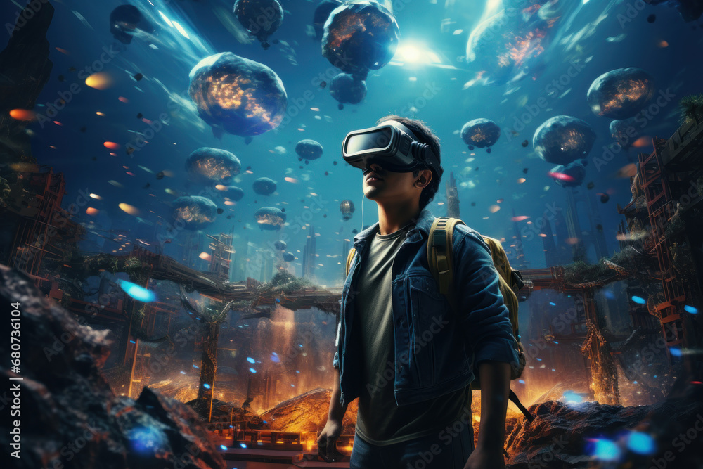 Aufkleber A gamer navigating through a virtual world, immersing in a digital realm crafted with creative imagination. Concept of interactive creativity. Generative Ai.