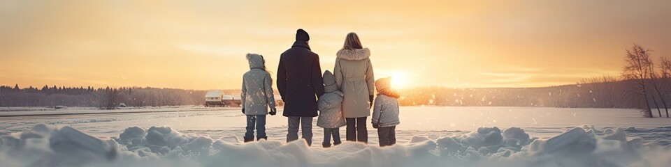 Caucasian Family Horizontal Banner Snowy Celebration Setting Generative AI