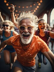 Fototapeta premium Embracing active aging: the power of retiree fitness for health, vitality, and well-being in the golden years. pensioners fitness , exercise and wellness.