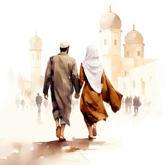 muslims couple  in front of mosque  , watercolor clipart