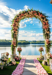 Obraz na płótnie Canvas Wedding arch for photo shoots, on a lakeside lawn