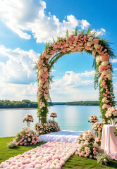 Wedding arch for photo shoots, on a lakeside lawn