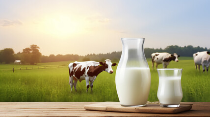 Glass and bottle of fresh milk on wooden table, AI Generative. - obrazy, fototapety, plakaty