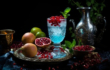 pomegranate cocktail with ice cubes and mint, tabletop, turquoise and white, persian miniature