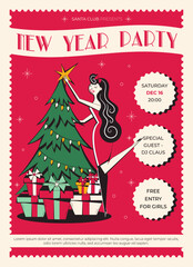 Retro New Year party invitation. New year poster in vintage style. 60s - 70s style Christmas poster with woman character in red coctail dress decorating with star Christmas tree.