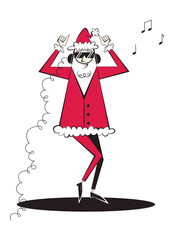 Santa Claus character in headphones and sunglasses dancing. Santa Claus Christmas illustration in retro style of 60s-70s.