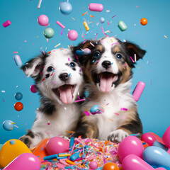 Fototapeta na wymiar Illustrated party concept with animals, two small cute dogs having fun, confetti and balloons on a blue background. A pet for fun