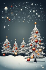 Happy New Year with Christmas Trees greeting card. Merry Christmas and Happy New Year greeting card theme Vertical Illustration. For banners, posters, gift cads, advertising. AI generated.