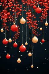 Merry Christmas greeting card with Christmas Balls in red gold colors. Christmas theme Illustration. For banners, posters, gift cads, advertising. AI generated.