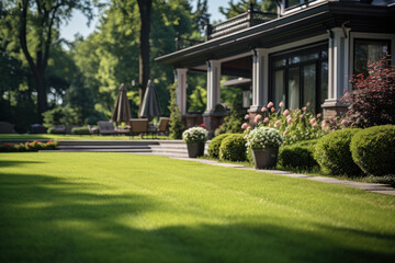The pristine appearance of a manicured lawn, showcasing the meticulous care and attention devoted to outdoor cleanliness. Concept of well-groomed landscaping. Generative Ai.