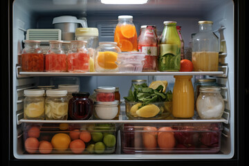 The sanitized and neatly arranged contents of a refrigerator, emphasizing the importance of cleanliness in food storage and preparation. Concept of hygienic kitchen practices. Generative Ai.