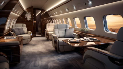 Luxurious private jet interior with plush seating