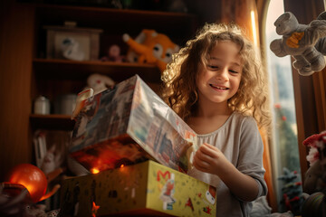 Fototapeta premium Very happy girl receiving a wrapped gift. AI generative.