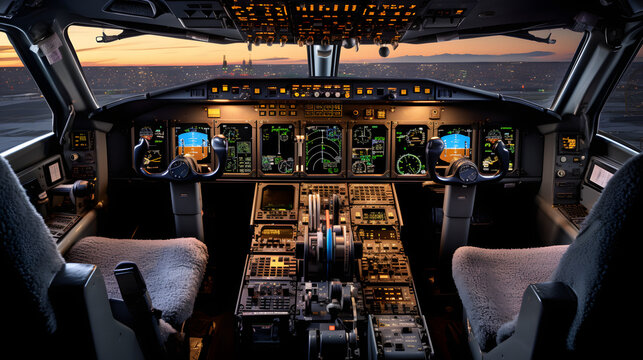 Modern airplane cockpit with advanced flight controls