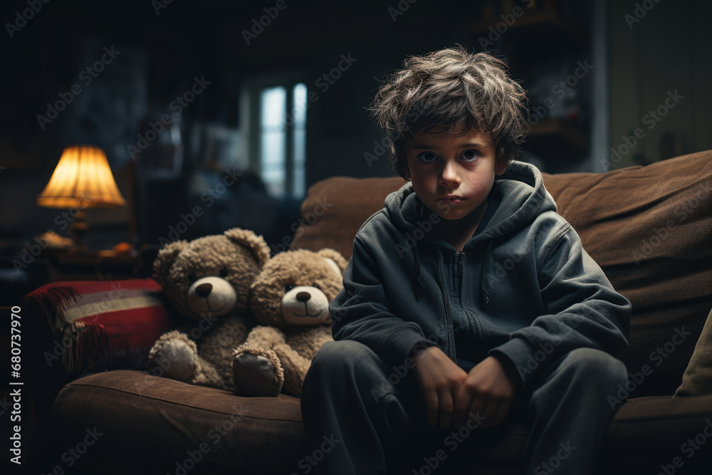 Poster a child with a downcast expression, sitting alone in a dimly lit room. concept of isolation and chil