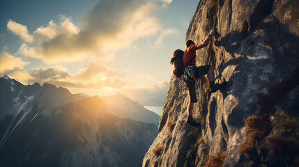 Rock climber scaling sheer cliff face without ropes - obrazy, fototapety, plakaty