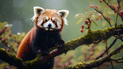 Red panda in tree amidst misty Nepalese forests
