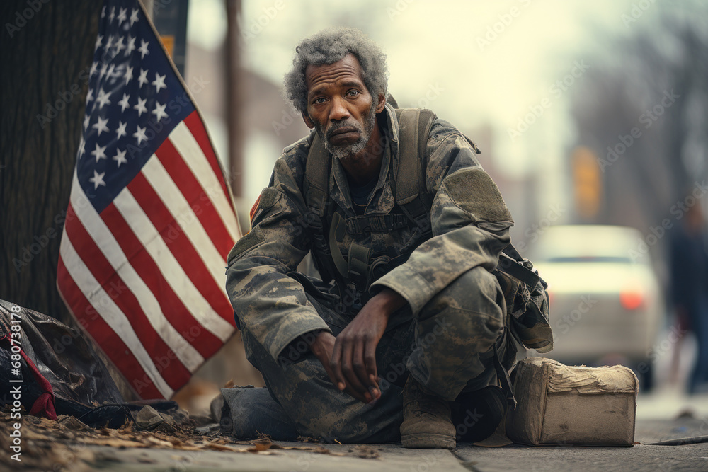 Poster A homeless veteran, sitting on a street corner with a sign seeking assistance. Concept of homelessness and military service. Generative Ai.