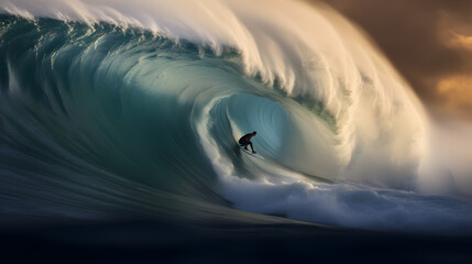 Surfer on massive, towering ocean wave