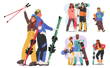 Fototapeta na wymiar Skiers And Snowboarder Characters Strike Dynamic Poses. Adult and Young People Capturing The Thrill Of Winter Sports