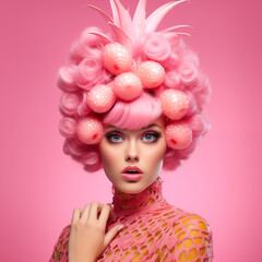 Pink pineapple lady, feminine, fashionable, gentle,pink lady with pineapple,minimalistic creative concept