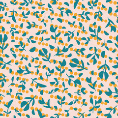 Botanical seamless repeat pattern with polka dots. Random placed, vector leaves and spots all over surface print. 