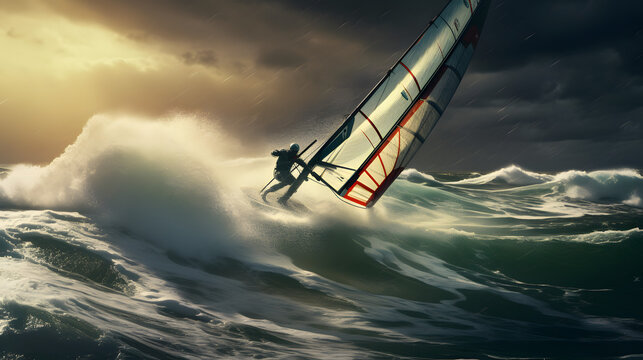 Windsurfer catching high winds and waves, stunning sea setting