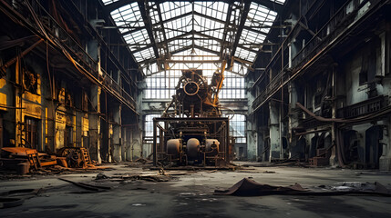 Deserted factory with rusting machinery and broken windows - obrazy, fototapety, plakaty