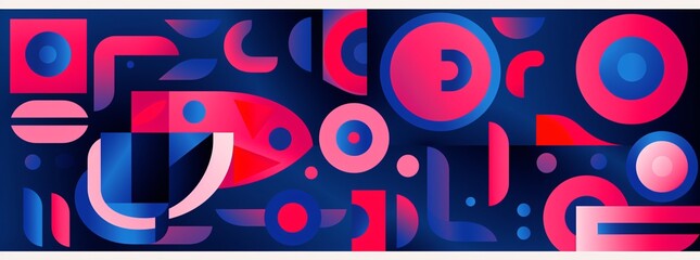 illustrations of various shapes and objects light navy and magenta sound art bold graphic patterns