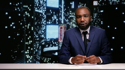 Talk show host does news report late at night, presenting global events and breaking news for entertainment segment. African american newscaster discussing about international issues and scandals.