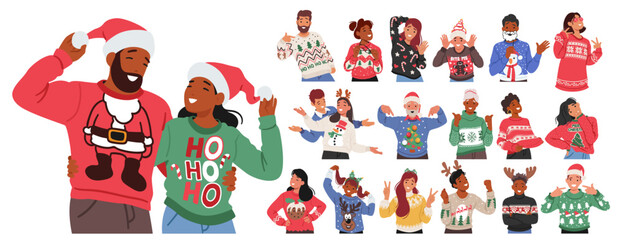 Festive Characters Donning Christmas Sweaters Adorned With Jolly Designs And Vibrant Colors, Spreading Holiday Cheer - obrazy, fototapety, plakaty