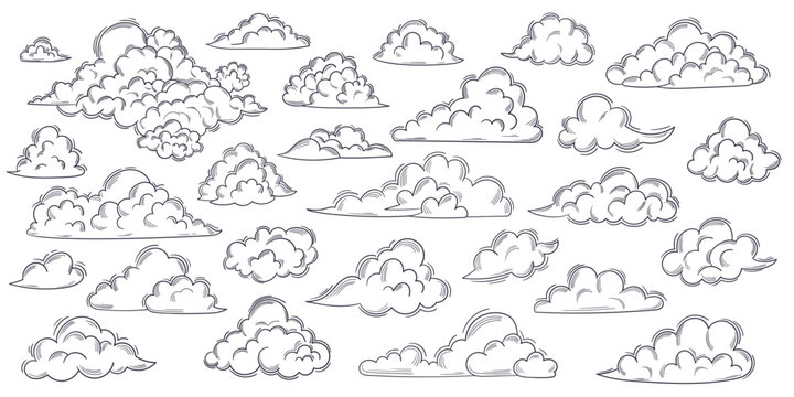 Set Of Sketch Fluffy White Clouds Drifting In Sky, Forming Various Shapes And Sizes, Creating Picturesque Scene