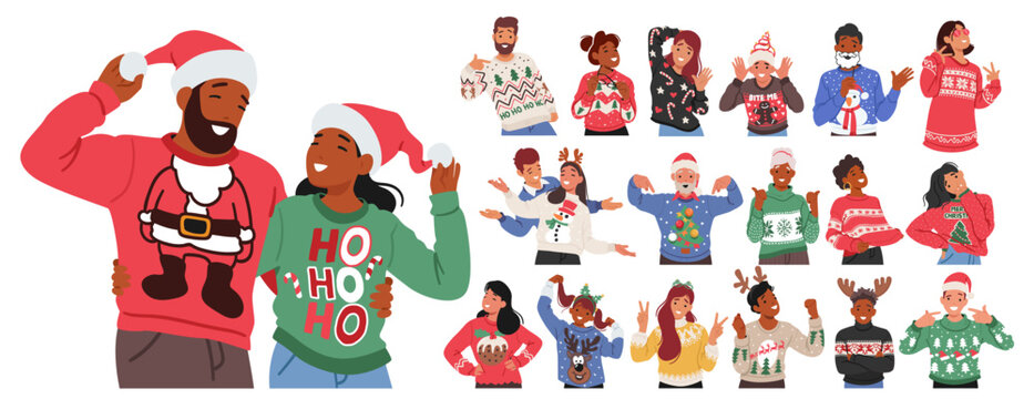 Festive Characters Donning Christmas Sweaters Adorned With Jolly Designs And Vibrant Colors, Spreading Holiday Cheer