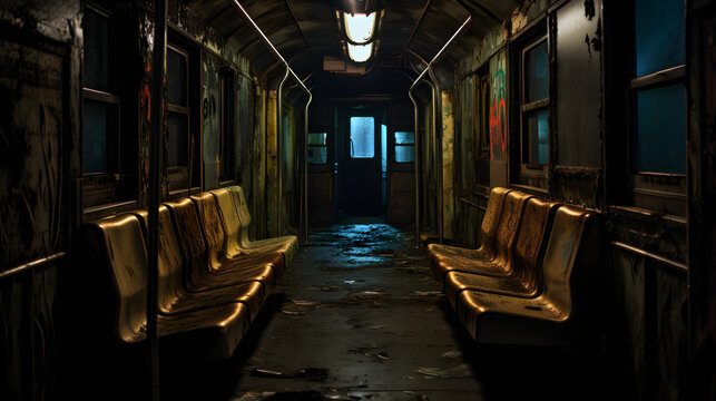 Eerie view of abandoned subway car in dark tunnel