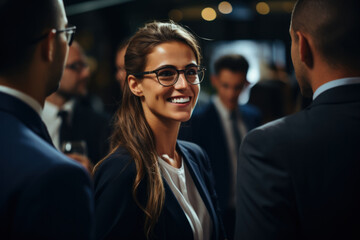 A businesswoman laughs heartily while sharing a light moment with her colleagues during a break at an industry conference. Concept of networking and camaraderie. Generative Ai. - obrazy, fototapety, plakaty