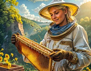 Fotobehang bees in a beehive, bee farming, bee haven © hanshika