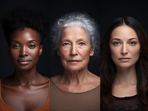 a wide range of different women's faces are displayed as minimalist portraits with tonally diverse elements