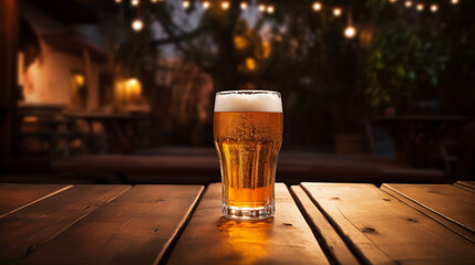 A glass of beer resting on a table in a bar
